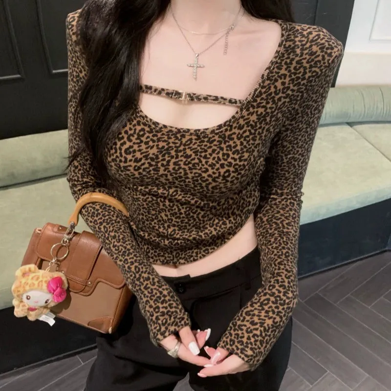 Babes Sexy Low Cut Top Women's Autumn and Winter Leopard Padded Shoulders Long Sleeve T-Shirt Brushed and Fleece Undershirt
