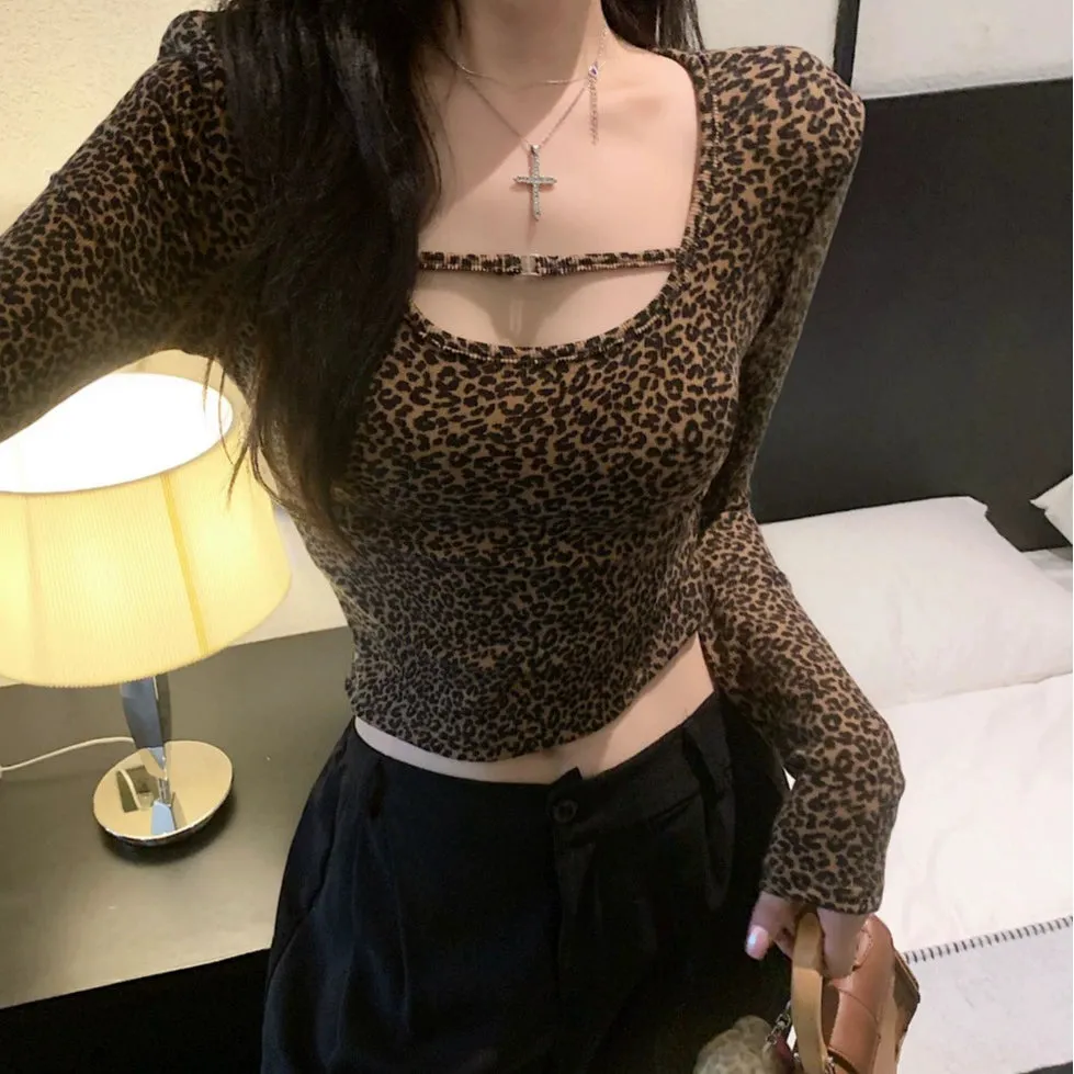Babes Sexy Low Cut Top Women's Autumn and Winter Leopard Padded Shoulders Long Sleeve T-Shirt Brushed and Fleece Undershirt