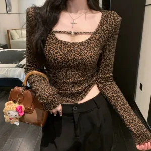Babes Sexy Low Cut Top Women's Autumn and Winter Leopard Padded Shoulders Long Sleeve T-Shirt Brushed and Fleece Undershirt