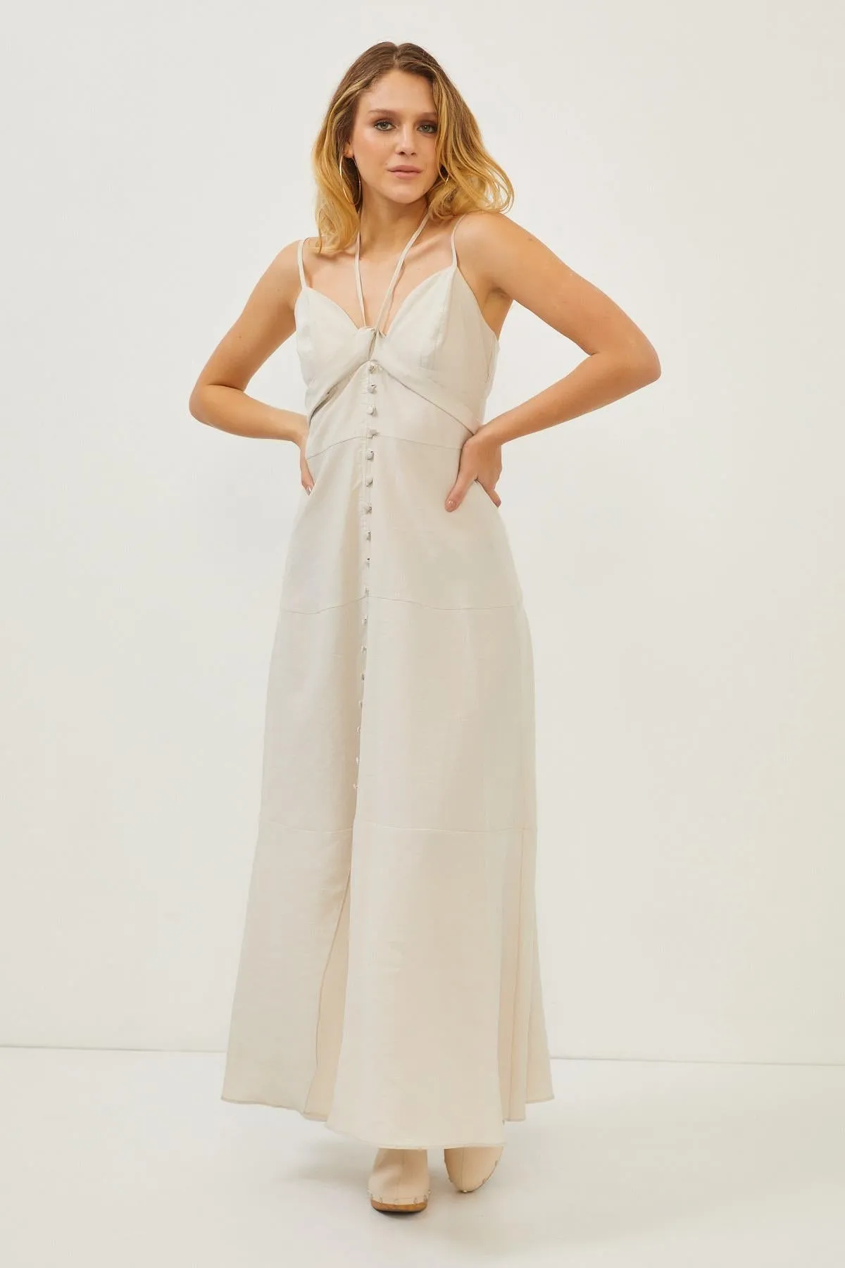Beige Strappy Button Detail Maxi Dress