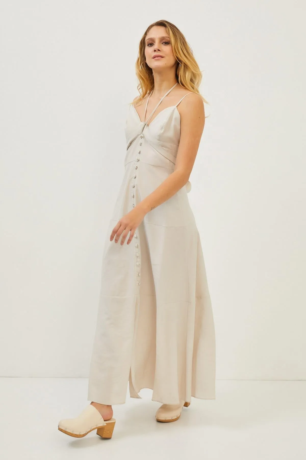 Beige Strappy Button Detail Maxi Dress