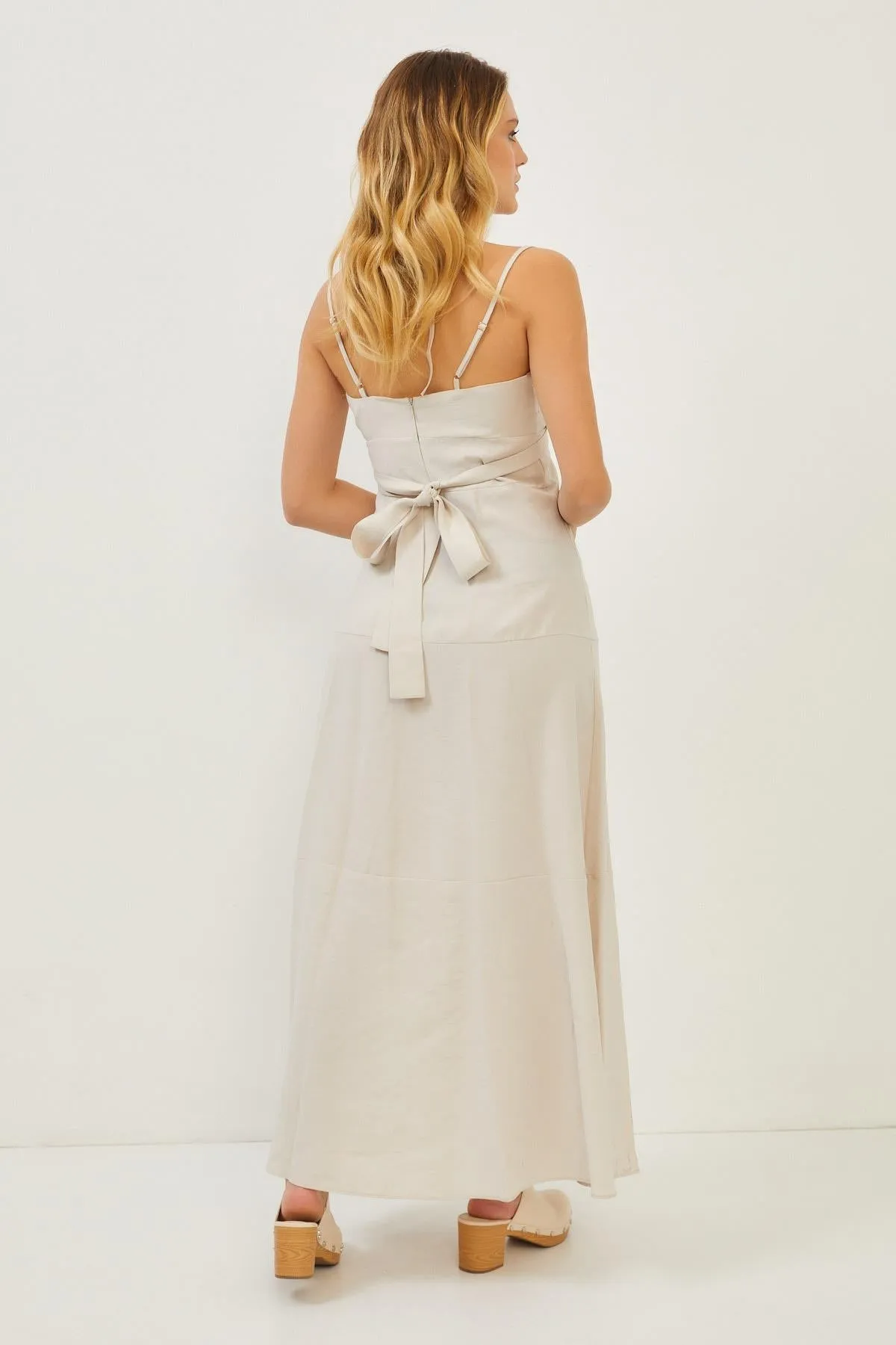 Beige Strappy Button Detail Maxi Dress