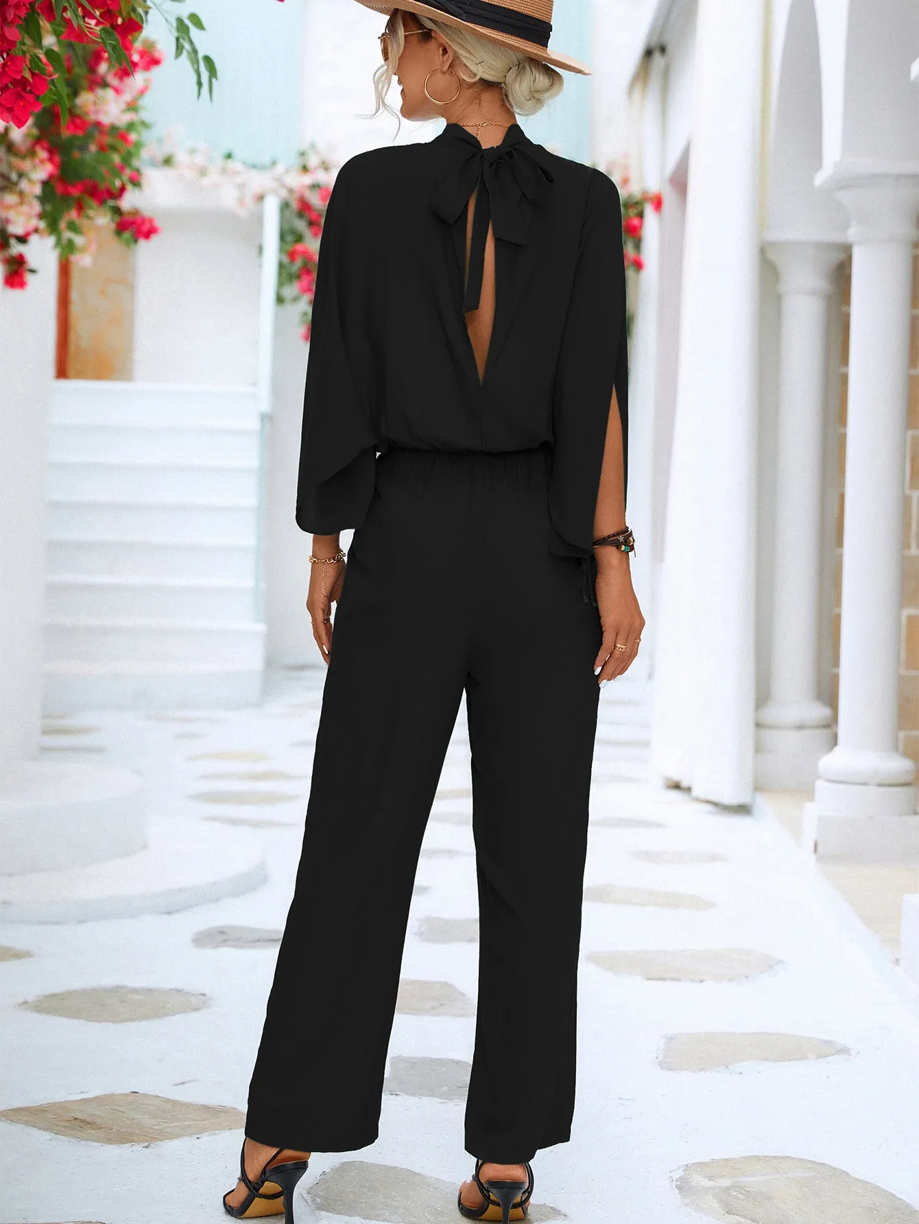 Black Tie Back Mock Neck Split Sleeve Jumpsuit