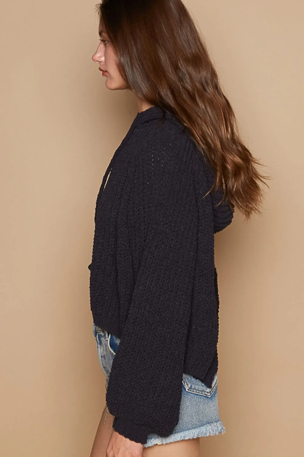 Blue Zone Planet |  POL Back Open Slit Balloon Sleeve Crop Hooded Sweater