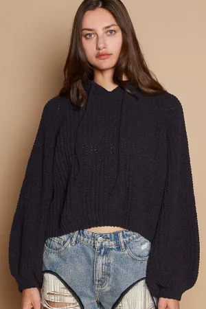 Blue Zone Planet |  POL Back Open Slit Balloon Sleeve Crop Hooded Sweater