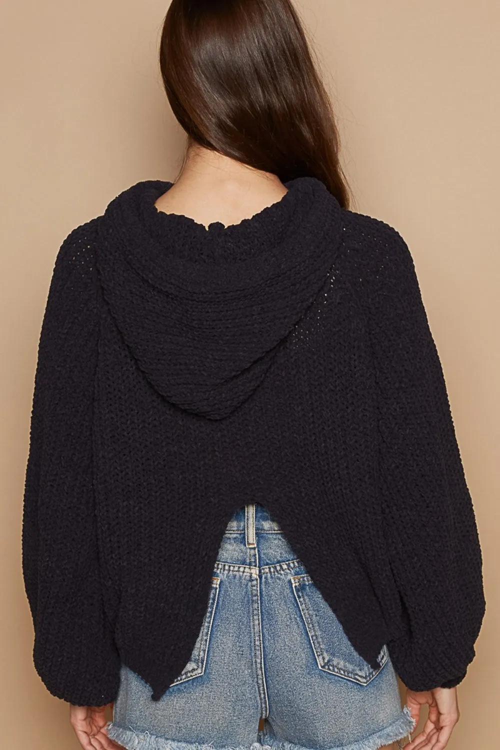 Blue Zone Planet |  POL Back Open Slit Balloon Sleeve Crop Hooded Sweater