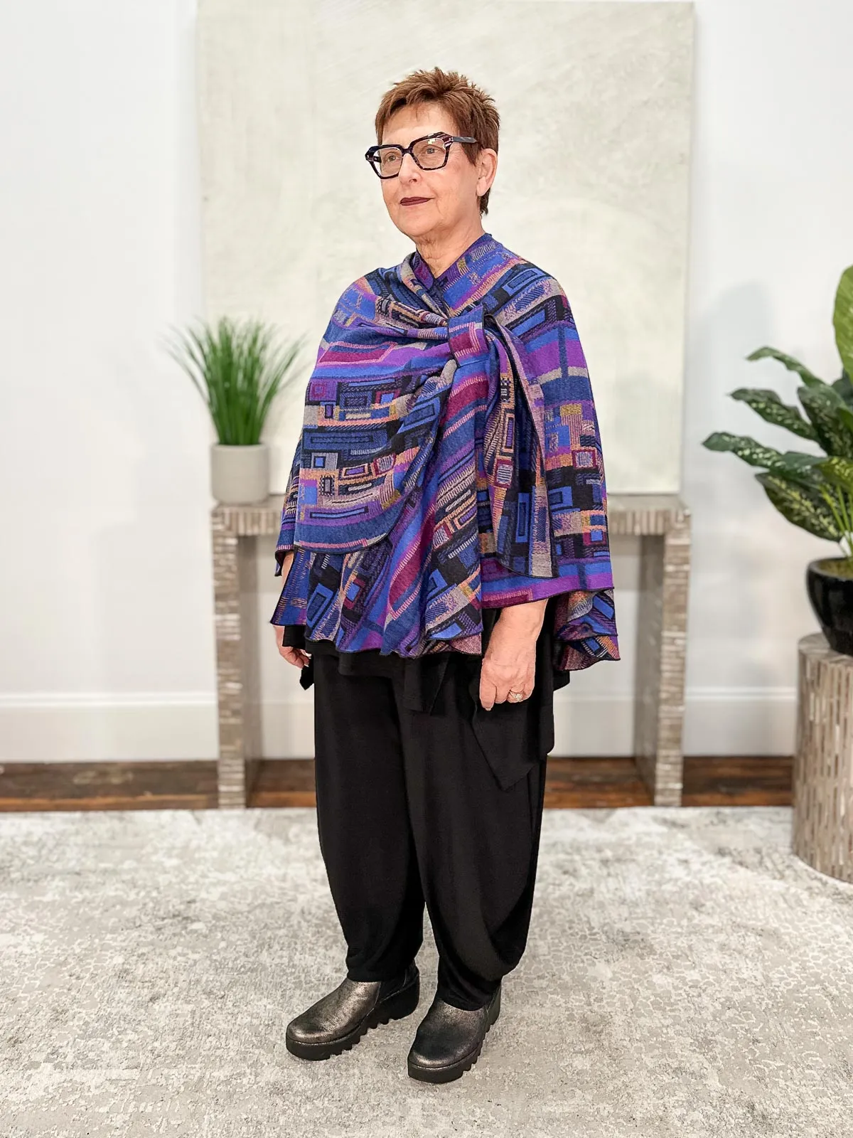 Cashmere Reversible Buckle Shawl, Rectangles Royal Blue Multi