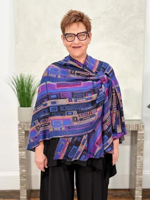 Cashmere Reversible Buckle Shawl, Rectangles Royal Blue Multi