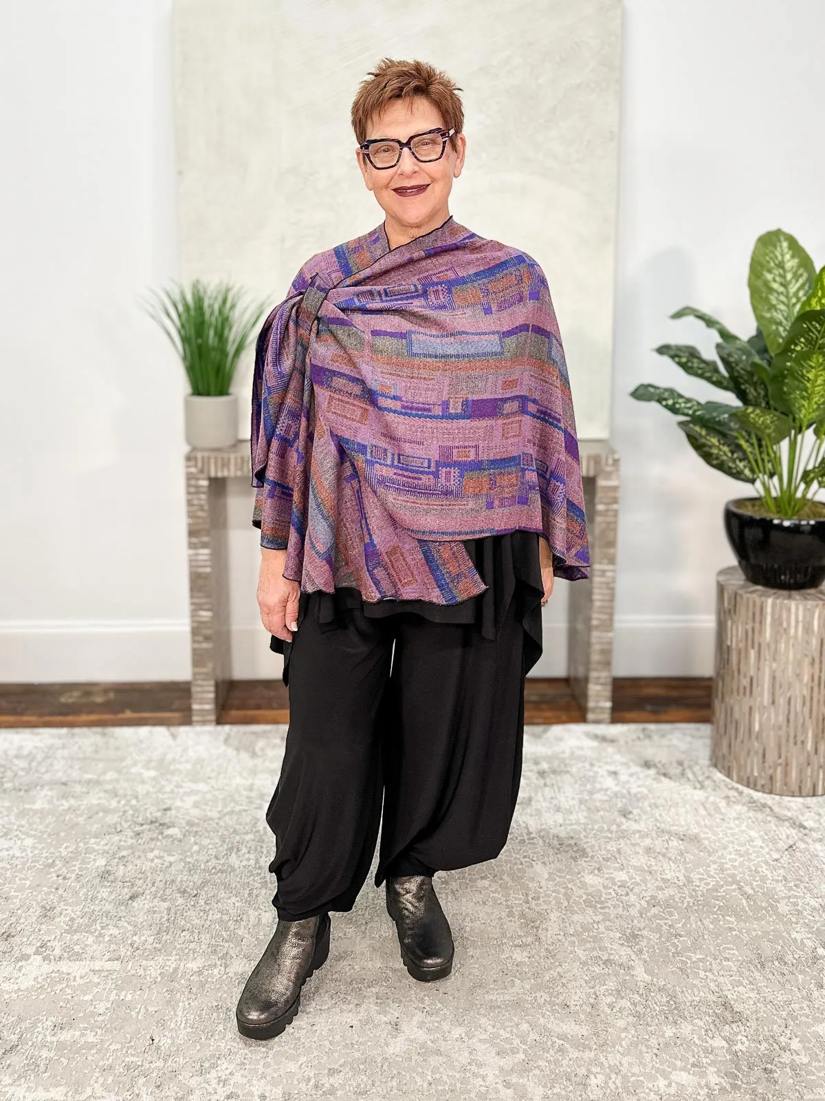 Cashmere Reversible Buckle Shawl, Rectangles Royal Blue Multi