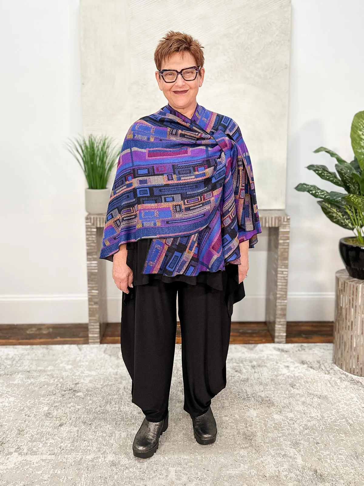 Cashmere Reversible Buckle Shawl, Rectangles Royal Blue Multi