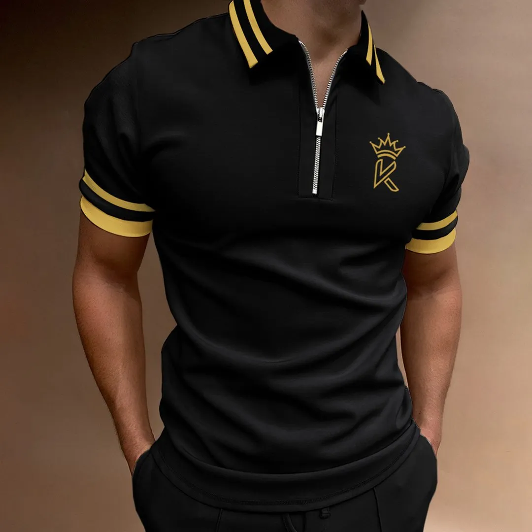 Casual Color Matching Short Sleeve Zipper Polo Shirt Crown K Pattern Print
