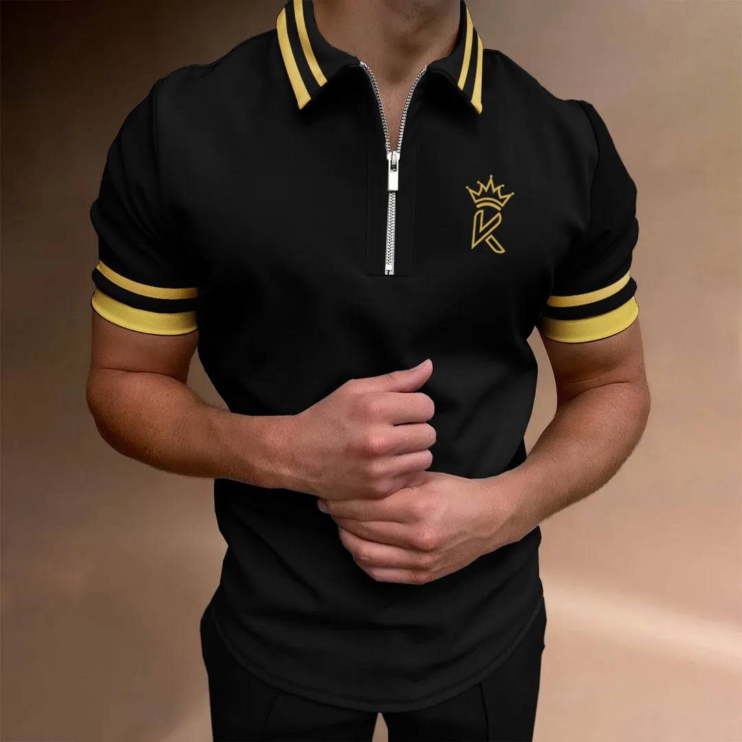 Casual Color Matching Short Sleeve Zipper Polo Shirt Crown K Pattern Print