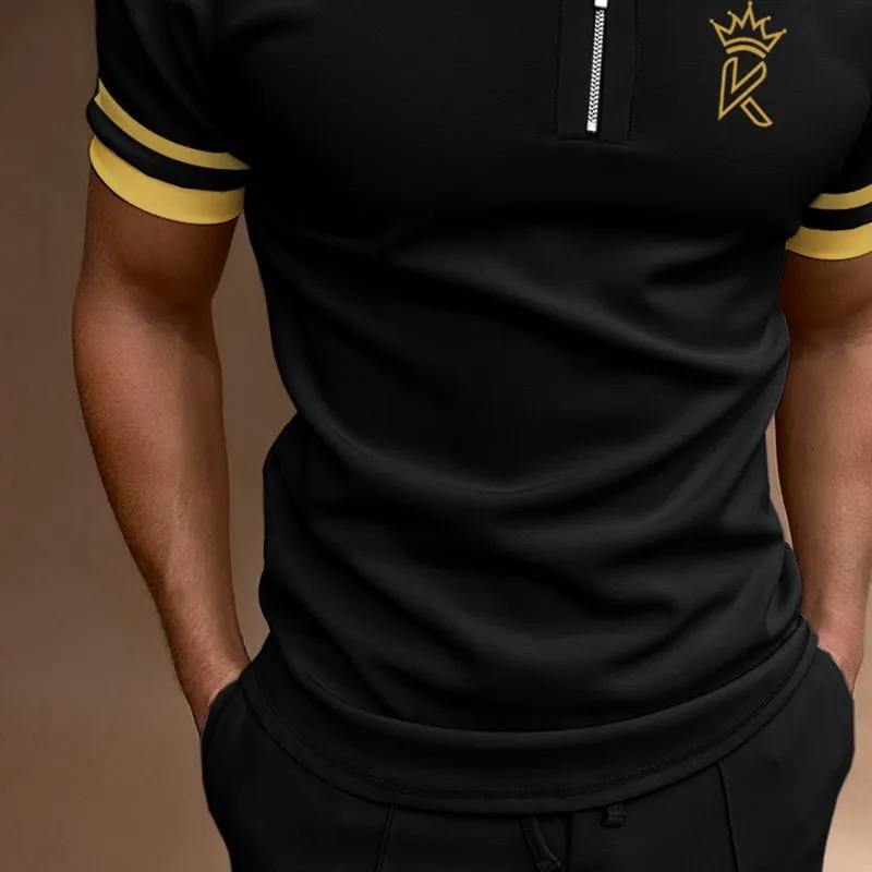Casual Color Matching Short Sleeve Zipper Polo Shirt Crown K Pattern Print