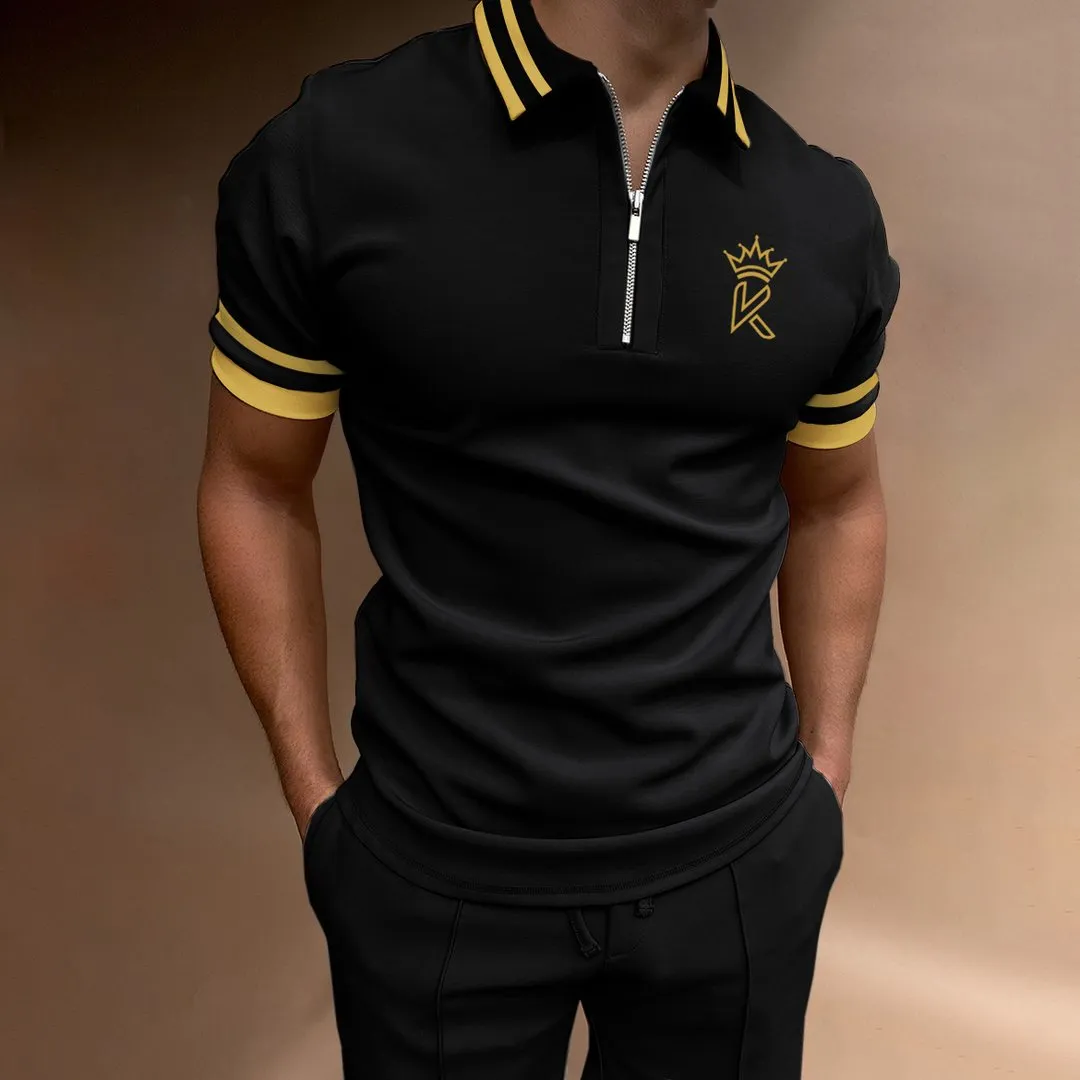 Casual Color Matching Short Sleeve Zipper Polo Shirt Crown K Pattern Print