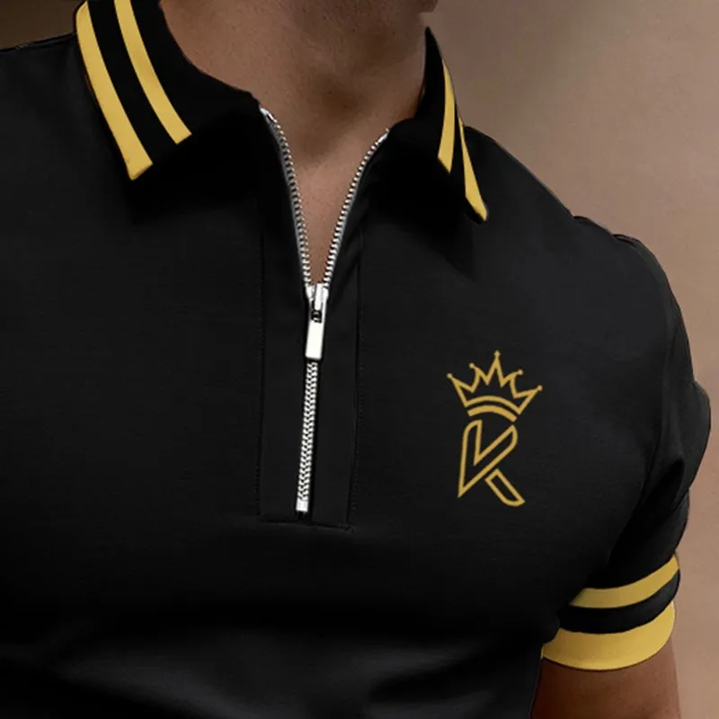 Casual Color Matching Short Sleeve Zipper Polo Shirt Crown K Pattern Print