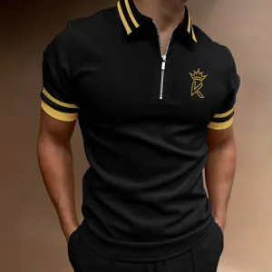 Casual Color Matching Short Sleeve Zipper Polo Shirt Crown K Pattern Print