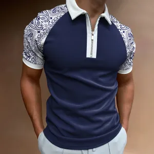 Casual Paisley Pattern Print Color Matching Short Sleeve Zipper Polo Shirt