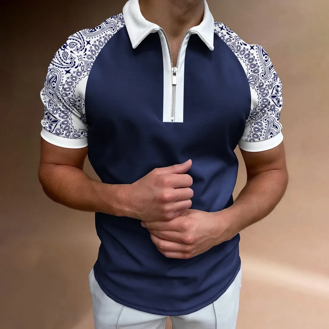 Casual Paisley Pattern Print Color Matching Short Sleeve Zipper Polo Shirt