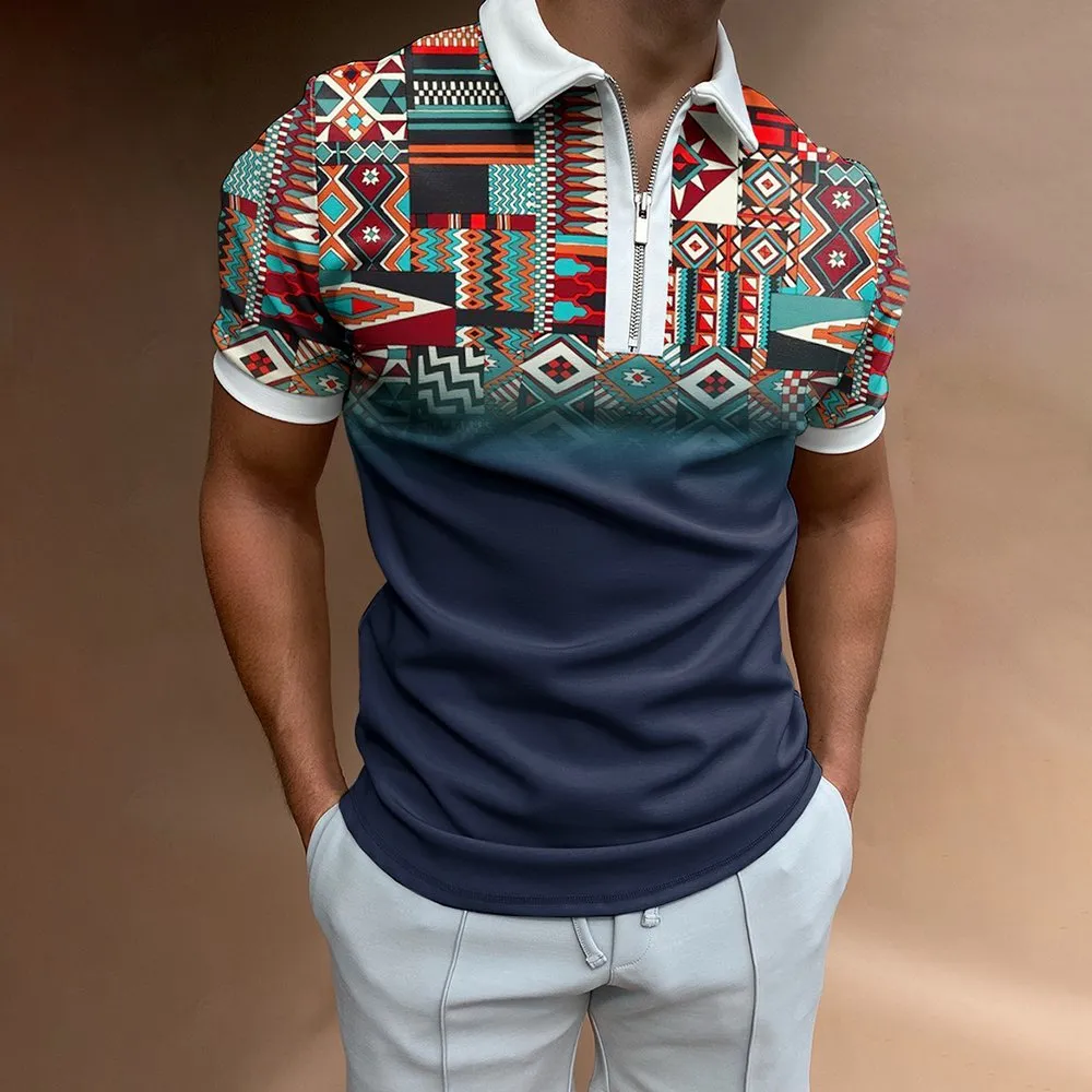 Casual Western Ethnic Pattern Print Short Sleeve Zipper Polo Shirt