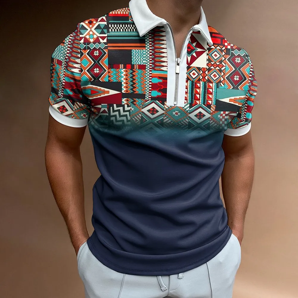 Casual Western Ethnic Pattern Print Short Sleeve Zipper Polo Shirt