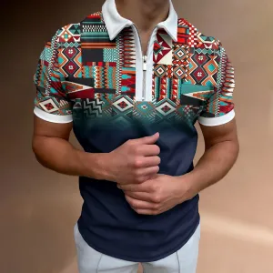 Casual Western Ethnic Pattern Print Short Sleeve Zipper Polo Shirt