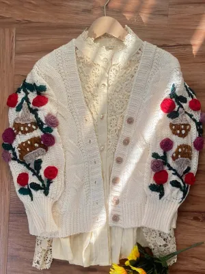 Cottagecore Rose Mushroom Crop Sweater Cardigan