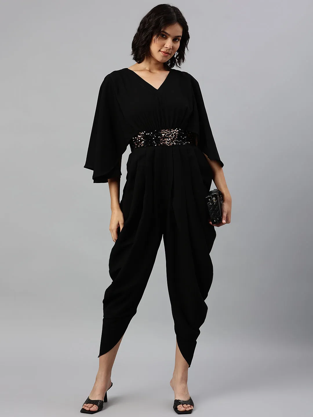 Cottinfab Black Dhoti Jumpsuit with Embellished Detail