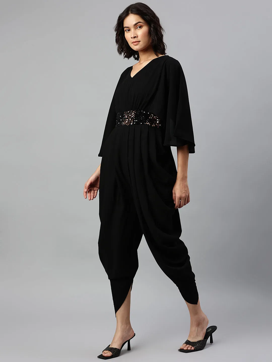 Cottinfab Black Dhoti Jumpsuit with Embellished Detail