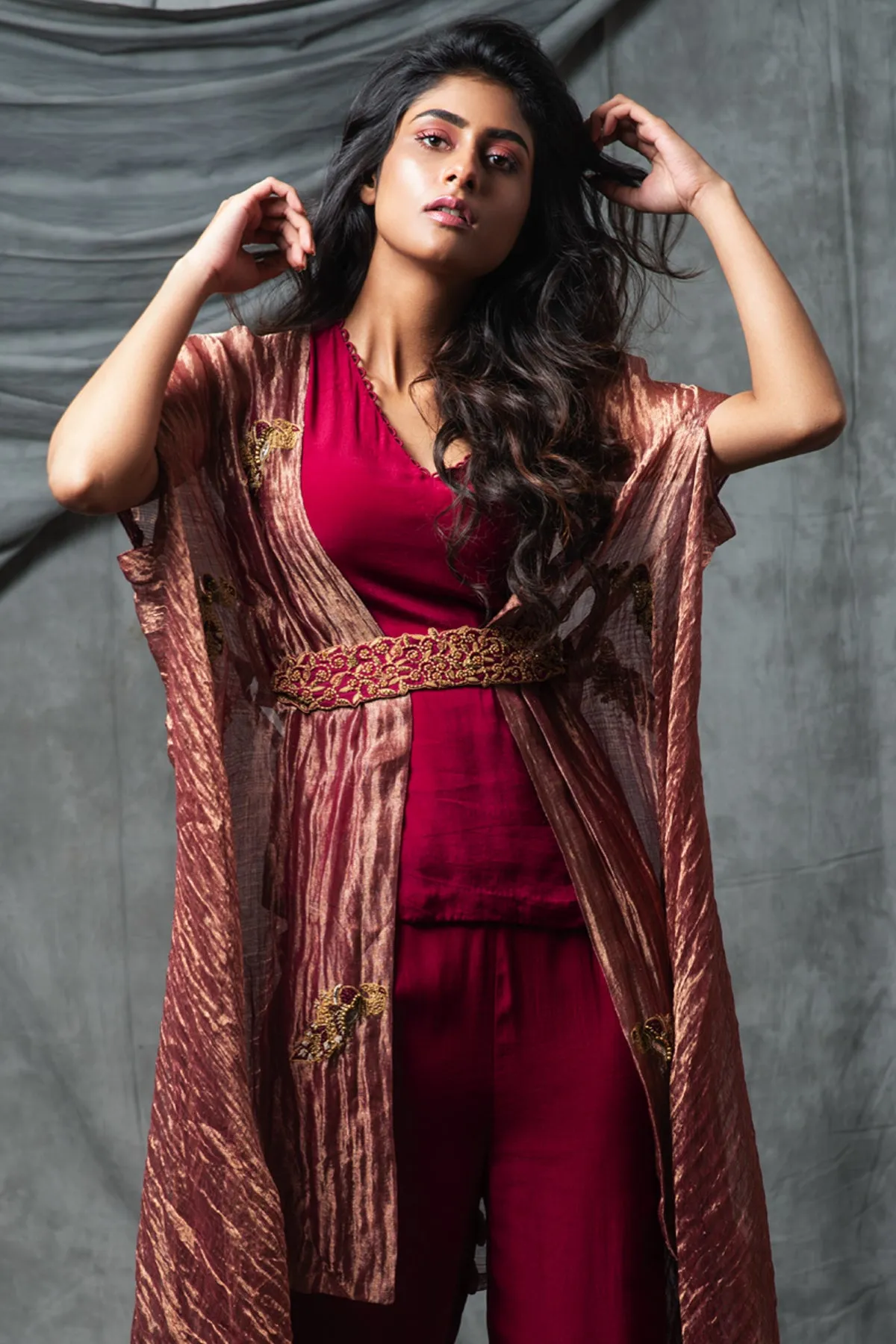 Crepe Embroidered Cape Pant Set