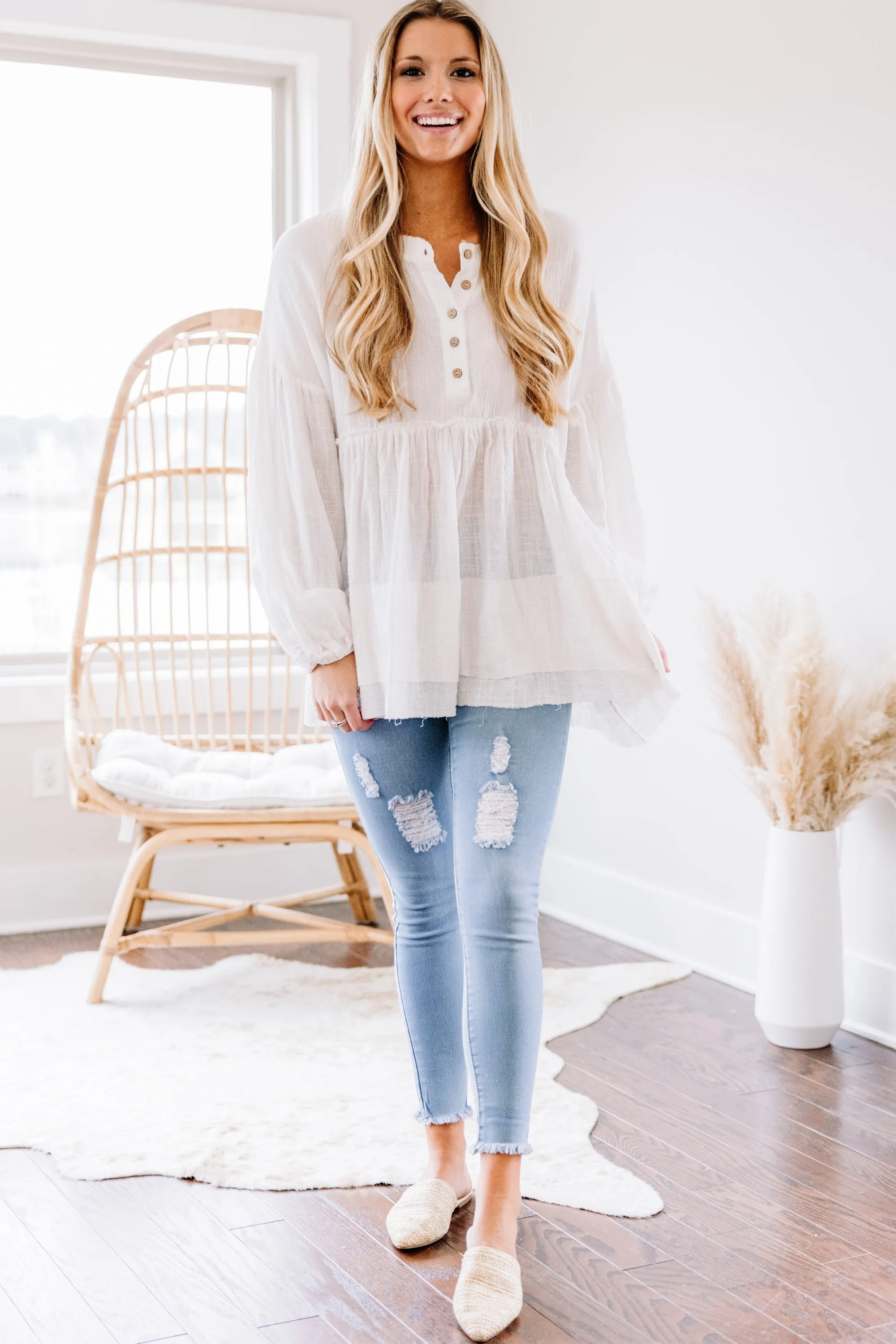Easy Choice White Bubble Sleeve Tunic