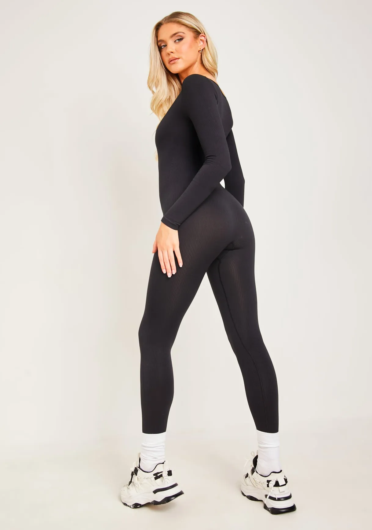 Eli Black Plunge Ribbed Seamless Long Sleeve Jumpsuit