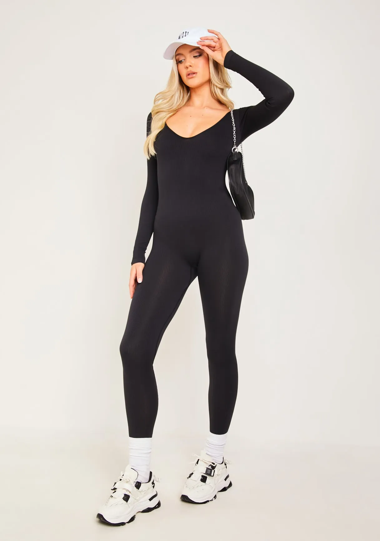 Eli Black Plunge Ribbed Seamless Long Sleeve Jumpsuit