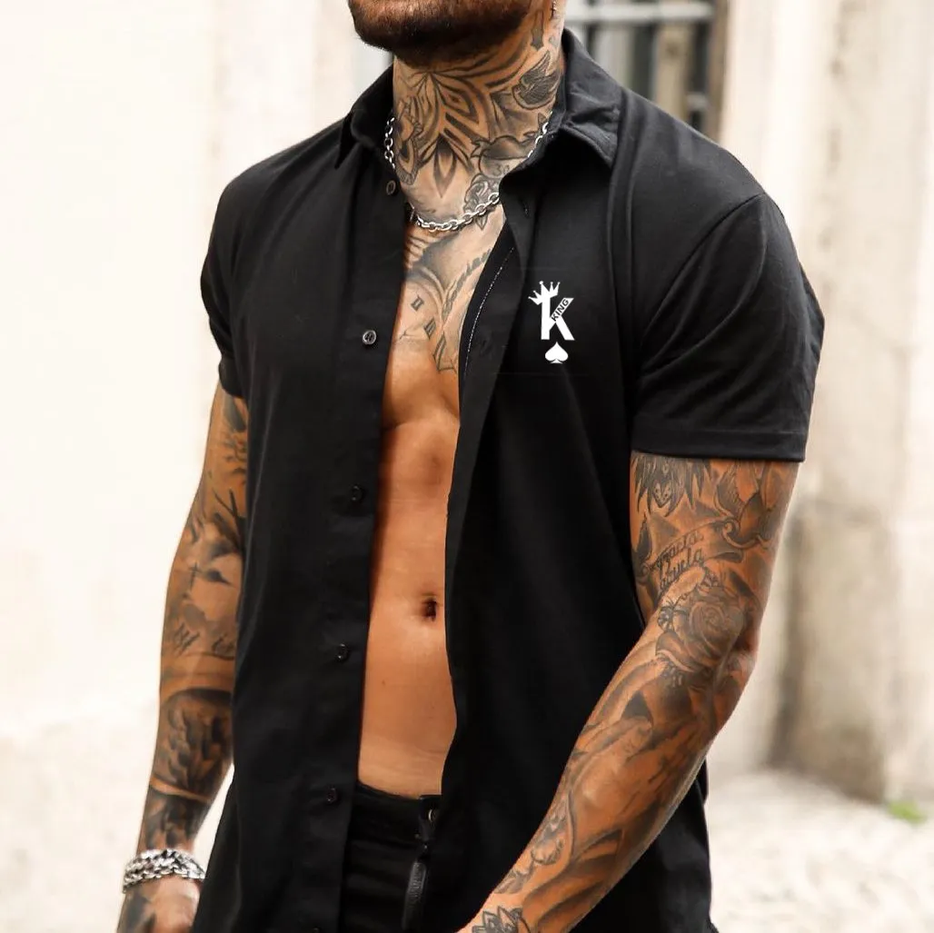 Fashion Poker King Print Casual Slim Short Sleeve Shirt