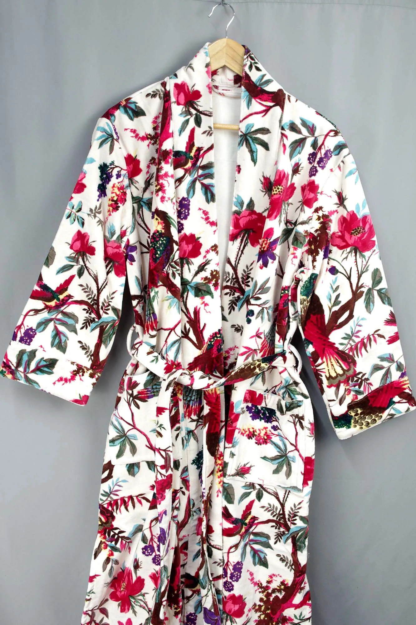 Luxury White Tropical Bird Velvet Kimono Boho Robe With Lining.