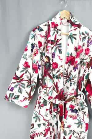 Luxury White Tropical Bird Velvet Kimono Boho Robe With Lining.