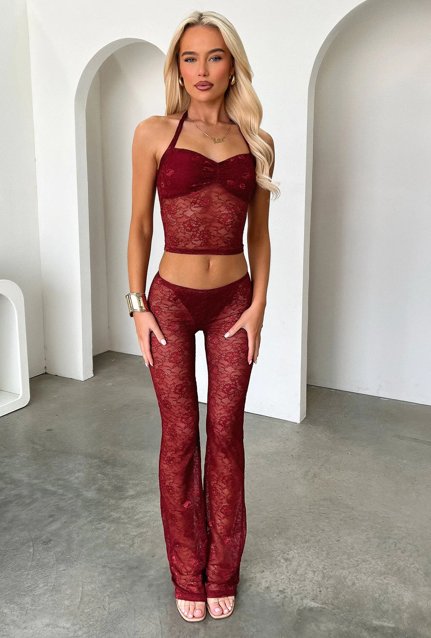Melina Lace Flared Pants - Burgundy