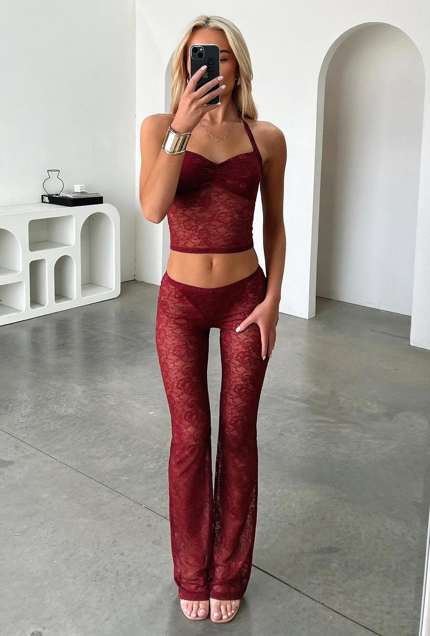Melina Lace Flared Pants - Burgundy