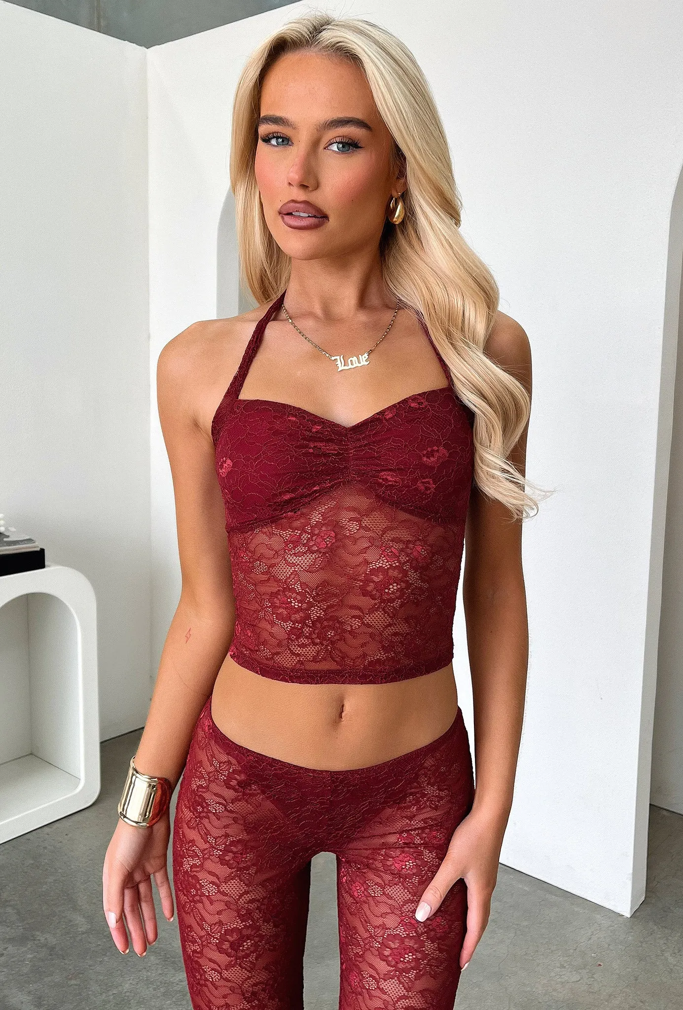 Melina Lace Flared Pants - Burgundy
