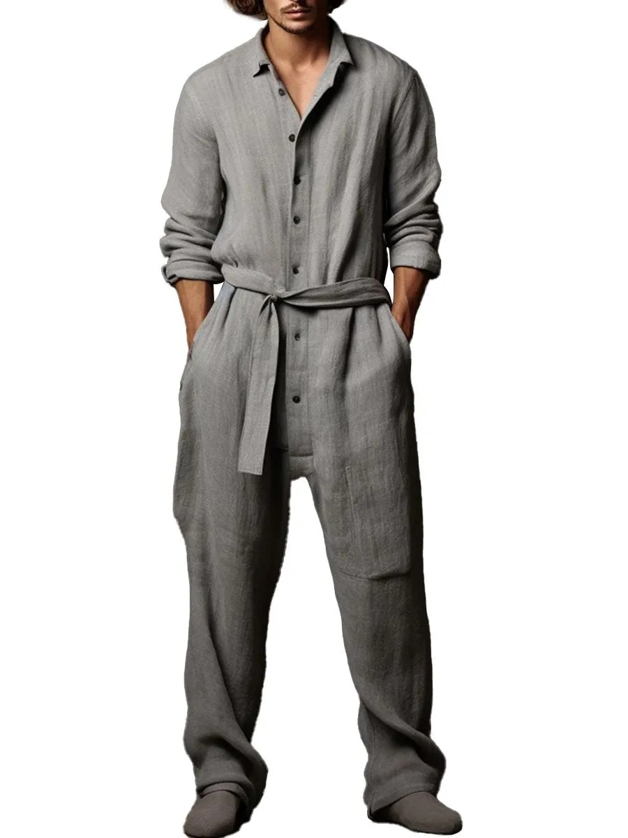 Men's Cotton And Linen Long-Sleeved Wide-Leg Jumpsuit