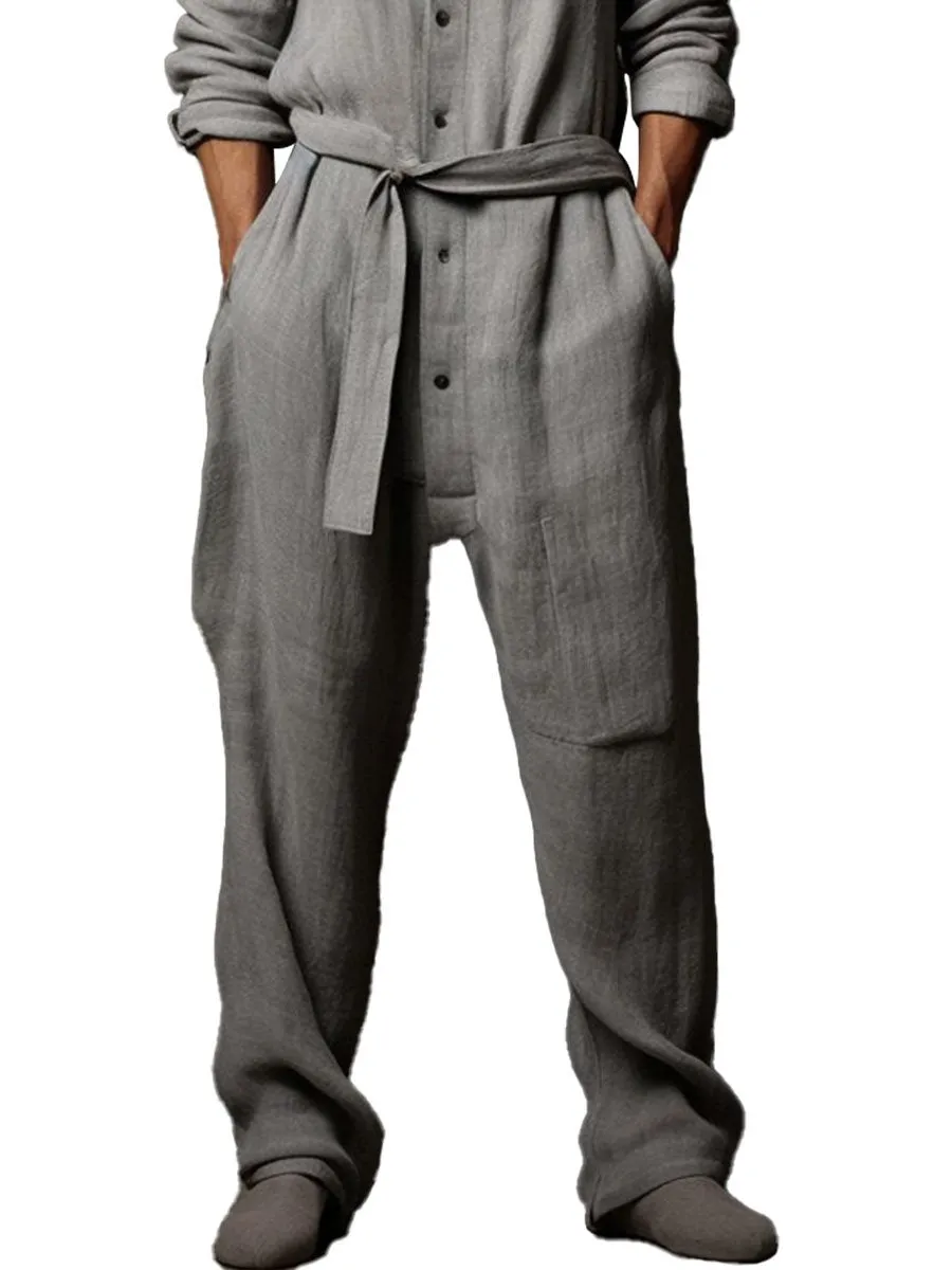 Men's Cotton And Linen Long-Sleeved Wide-Leg Jumpsuit