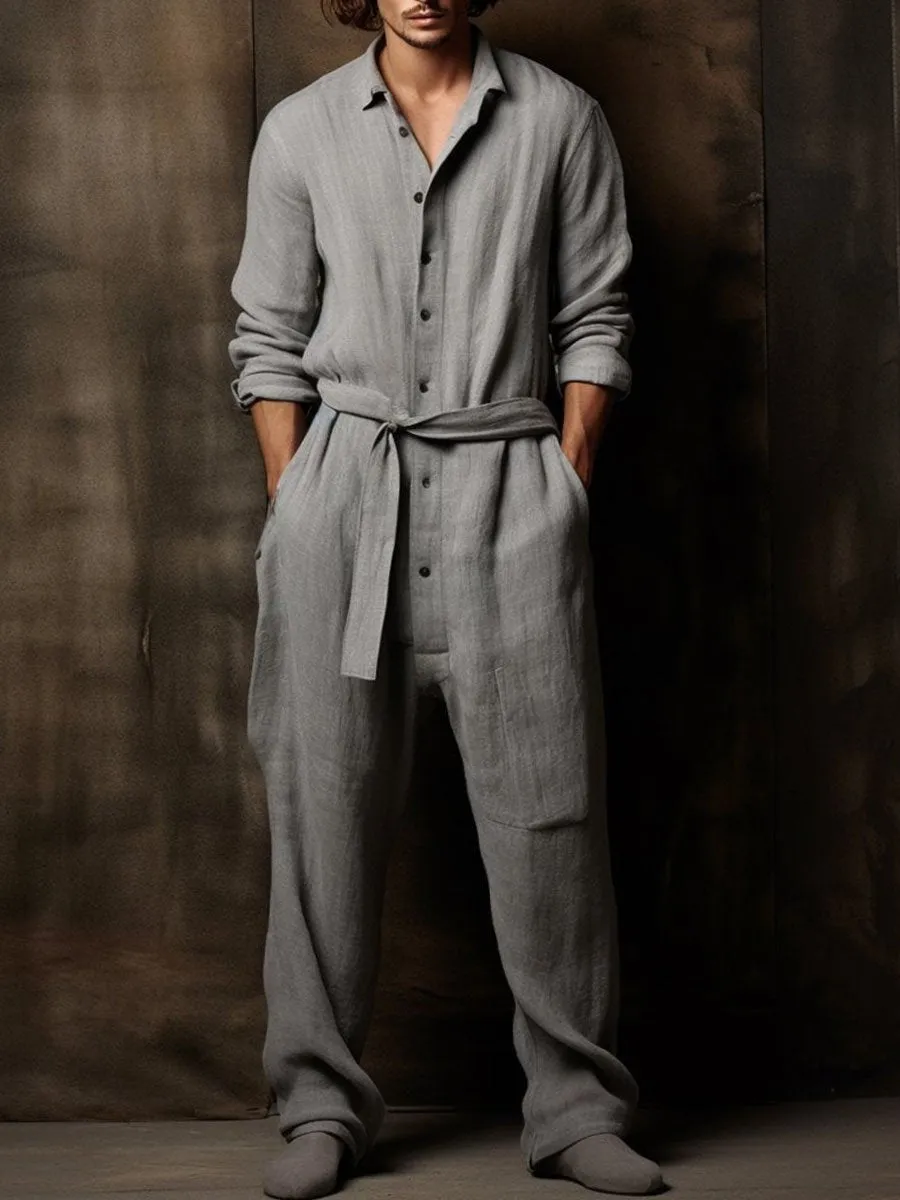 Men's Cotton And Linen Long-Sleeved Wide-Leg Jumpsuit