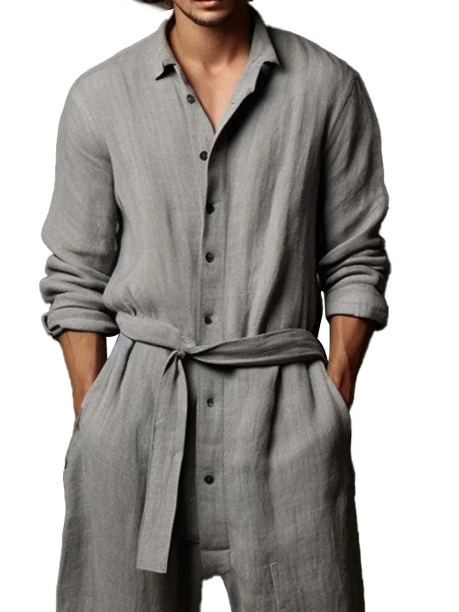 Men's Cotton And Linen Long-Sleeved Wide-Leg Jumpsuit