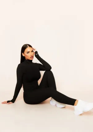 Miley Black Ribbed High Neck Slogan Zip Jumpsuit