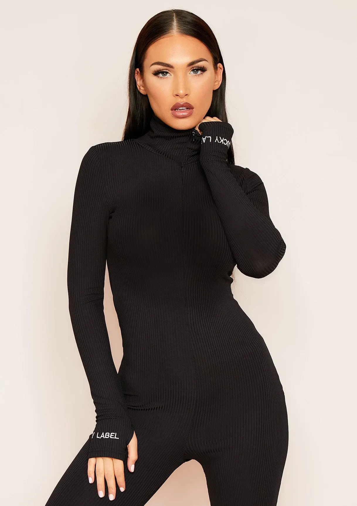 Miley Black Ribbed High Neck Slogan Zip Jumpsuit