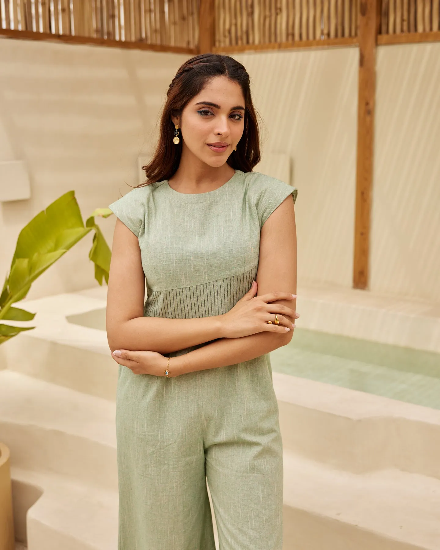Mint Green Pinstriped-Patch Jumpsuit