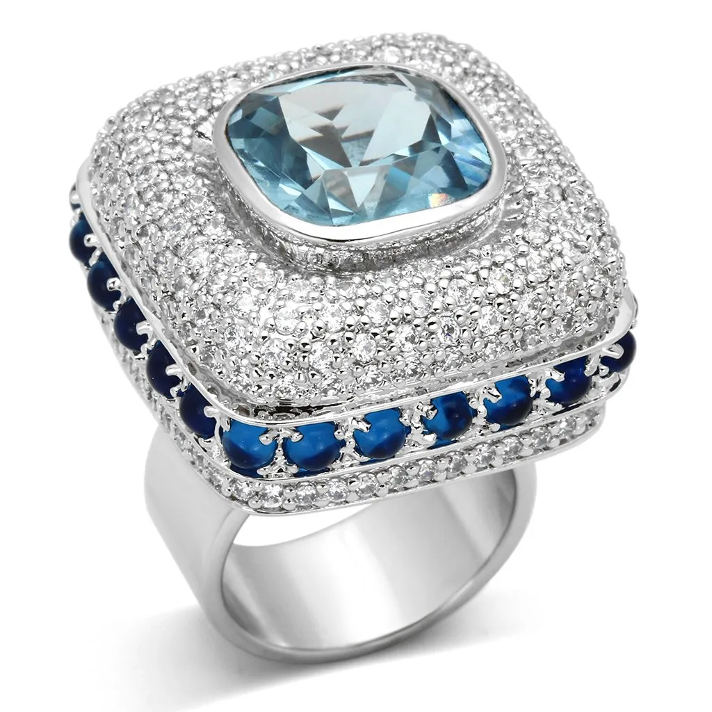 Rhodium Brass Ring with Synthetic Spinel in London Blue for Women Style LOA861