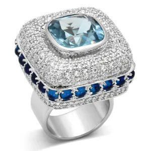 Rhodium Brass Ring with Synthetic Spinel in London Blue for Women Style LOA861