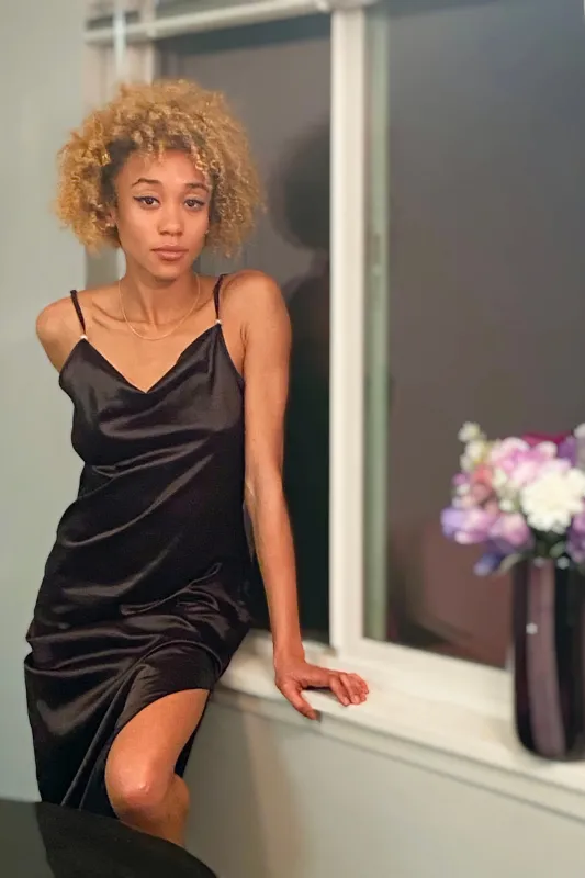 Satin Midi Slip Dress Inkwell Black