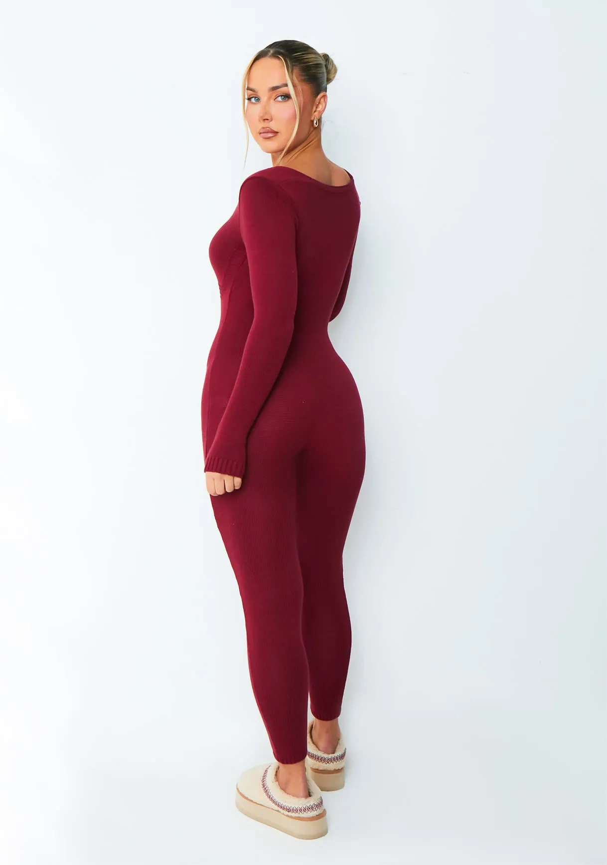 Savannah Burgundy Knitted Long Sleeve Jumpsuit