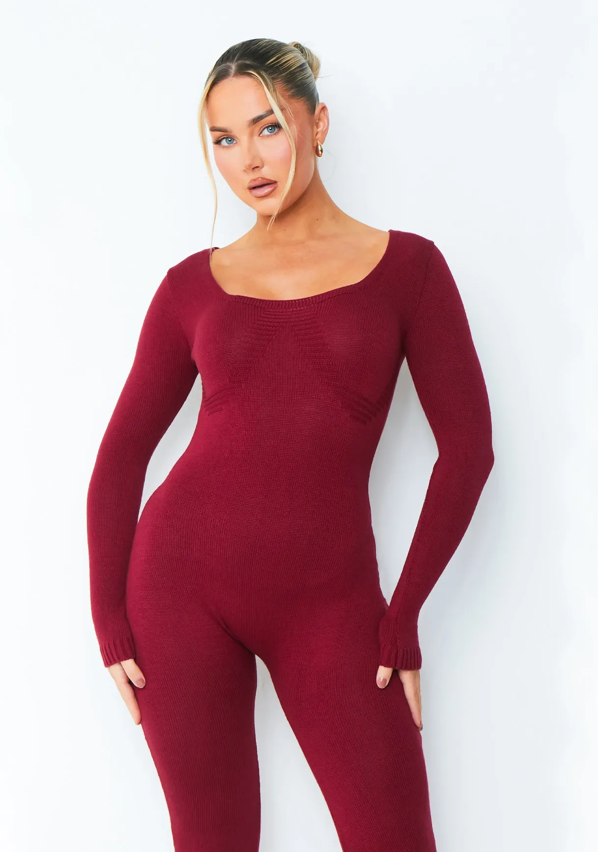 Savannah Burgundy Knitted Long Sleeve Jumpsuit
